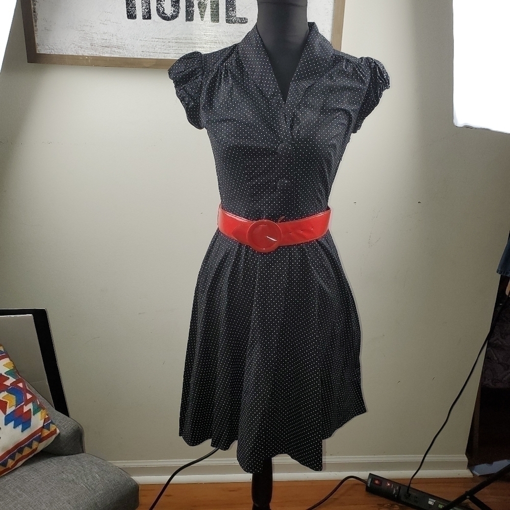 Vintage black Polka Dots A-Line Cap Sleeve Stretch Women Juniors Dress 🍒🍒